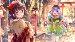 Rule 34 | 2girls, :d, autumn leaves, beret, blurry, blurry background, blush, book, brown headwear, brown scarf, brown sweater, capelet, collared shirt, commentary request, day, depth of field, dress, glasses, green capelet, green dress, hat, leaf, long hair, looking at viewer, looking back, low twintails, mahjong soul, maple leaf, multiple girls, nemuri nemu, ninomiya hana, hugging object, open mouth, outdoors, pantyhose, parted lips, plaid, purple eyes, purple hair, red-framed eyewear, red headwear, scarf, shawl, shirt, smile, sweater, takanashi hinata, torii, tree, twintails, very long hair, white legwear, white shirt