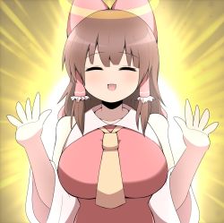 Rule 34 | 1girl, :d, blush, breasts, brown hair, closed eyes, commentary request, cookie (touhou), detached sleeves, hakurei reimu, halo, highres, large breasts, long hair, madore, necktie, open mouth, red shirt, shirt, sidelocks, sleeveless, sleeveless shirt, smile, solo, touhou, upper body, white sleeves, yamasaka aimi, yellow background, yellow necktie