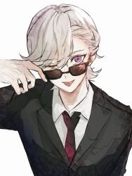 Rule 34 | 1boy, ;p, arm up, black jacket, closed mouth, collared shirt, commentary, eyelashes, genshin impact, grey hair, hair over one eye, highres, jacket, lapels, long sleeves, looking at viewer, looking over eyewear, lyney (genshin impact), male focus, necktie, one eye closed, parted bangs, purple eyes, red necktie, senno dayo, shirt, short hair, simple background, smile, solo, sunglasses, swept bangs, tongue, tongue out, upper body, white background, white shirt, wing collar
