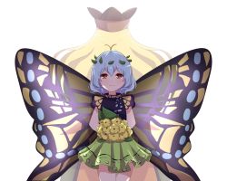 Rule 34 | 2girls, antennae, aqua hair, bad id, bad twitter id, black headwear, blonde hair, bouquet, butterfly wings, cape, closed mouth, dress, eternity larva, fairy, flower, green dress, green skirt, hat, highres, holding, holding bouquet, insect wings, leaf, leaf on head, long hair, matara okina, multicolored clothes, multicolored dress, multiple girls, orange cape, orange eyes, short hair, simple background, single strap, skirt, smile, third-party source, touhou, white background, wings, yellow flower, yukome