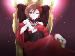 Rule 34 | 1girl, akujiki musume conchita (vocaloid), brown hair, choker, claws, corset, derivative work, detached sleeves, dress, evil smile, evillious nendaiki, fingernails, flower, hair flower, hair ornament, highres, meiko (vocaloid), outstretched hand, red dress, red eyes, rose, short hair, sitting, smile, solo, throne, uglytree, vocaloid