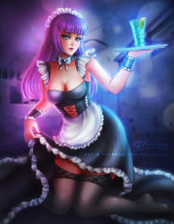 Rule 34 | 1girl, artist name, blue eyes, breasts, cleavage, cocktail, cocktail glass, cup, dress, drink, drinking glass, full body, green eyes, hand up, humanization, kgfantasy, kneeling, lace, legs, lips, long hair, looking at viewer, maid, maid cap, maid headdress, makeup, medium breasts, my little pony, open mouth, patreon username, purple hair, sitting, sitting on lap, sitting on person, solo, straight hair, watermark, web address