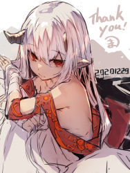 Rule 34 | 1girl, bandaged arm, bandages, bare shoulders, broken horn, closed mouth, commentary request, dated, dress, grey background, hair between eyes, highres, horns, long hair, looking at viewer, original, pointy ears, red eyes, silver hair, solo, thank you, two-tone background, very long hair, white background, white dress, yuuji (yukimimi)