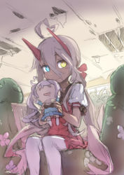 Rule 34 | 1girl, ahoge, azur lane, blue eyes, character doll, closed mouth, commentary request, dark-skinned female, dark skin, doll, feet out of frame, hair between eyes, heart, heart ahoge, heterochromia, holding, holding doll, horns, indianapolis (at school with my sister...) (azur lane), indianapolis (azur lane), long hair, looking to the side, nekomanma-sensei, pink hair, portland (azur lane), puffy short sleeves, puffy sleeves, red horns, red skirt, retrofit (azur lane), school uniform, serafuku, shirt, short sleeves, sitting, skirt, smile, solo, thighhighs, twintails, very long hair, white shirt, white thighhighs, yellow eyes