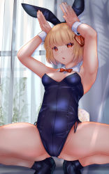 Rule 34 | 1girl, animal ears, armpits, bare legs, black footwear, black leotard, blonde hair, boots, bow, bowtie, breasts, chestnut mouth, curtains, detached collar, fake animal ears, highres, leotard, looking at viewer, playboy bunny, rabbit ears, rabbit pose, rabbit tail, red bow, red bowtie, red eyes, rumia, short hair, shounen (hogehoge), small breasts, solo, spread legs, squatting, strapless, strapless leotard, tail, touhou, window, wrist cuffs