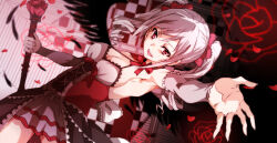 Rule 34 | 1girl, arm up, armpits, bare shoulders, black wings, breasts, checkered background, corset, dress, drill hair, feathered wings, floral print, flower, foreshortening, gothic lolita, grey hair, halter dress, halterneck, hand up, holding, holding staff, idolmaster, idolmaster (classic), idolmaster cinderella girls, idolmaster one for all, kanzaki ranko, large breasts, lolita fashion, long hair, looking at viewer, red eyes, red flower, red rose, ribbon, rose, rose print, sideboob, skirt, skirt set, smile, solo, staff, twin drills, twintails, ueda yumehito, wings