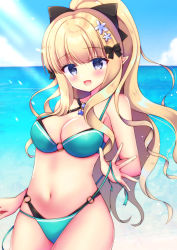 Rule 34 | 1girl, bikini, black bow, blonde hair, blue eyes, blush, bow, breasts, elf, female focus, hair bow, hair ornament, highres, large breasts, long hair, looking at viewer, miwa uni, navel, pointy ears, princess connect!, saren (princess connect!), saren (summer) (princess connect!), solo, swimsuit