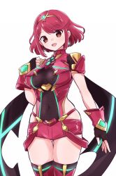 Rule 34 | 1girl, bad id, bad pixiv id, blush, breasts, earrings, fingerless gloves, gloves, hair ornament, jewelry, long hair, looking at viewer, madanai (morisumeshi), nintendo, pyra (xenoblade), red eyes, red hair, short hair, shorts, sidelocks, simple background, smile, solo, tiara, white background, xenoblade chronicles (series), xenoblade chronicles 2, xenoblade chronicles (series), xenoblade chronicles 2