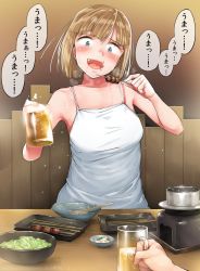Rule 34 | !, ..., 1girl, alcohol, bare shoulders, beer, blue eyes, blush, bob cut, bowl, breasts, brown background, commentary request, cup, eating, facing viewer, food, gradient background, head tilt, highres, holding, holding food, kumaneko, light brown hair, looking down, medium breasts, medium hair, mug, open mouth, original, out of frame, sanpaku, skewer, sleeveless, speech bubble, spoken ellipsis, spoken exclamation mark, spoon, sweat, table, translation request, upper body