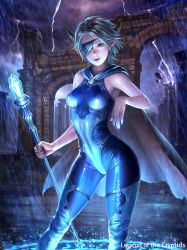 Rule 34 | 1girl, bare shoulders, bodysuit, boots, breasts, cape, contrapposto, covered erect nipples, eyepatch, glowing, horns, legend of the cryptids, lie-on, lightning, magic circle, medium breasts, official art, original, parted lips, pointy ears, rain, ruins, short hair, shuichi wada, solo, staff, standing, taut clothes, thigh boots, thighhighs