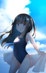 Rule 34 | 1girl, asashio (kancolle), black hair, blue eyes, blue sky, cloud, cloudy sky, comah, cowboy shot, day, highres, kantai collection, long hair, looking at viewer, new school swimsuit, open mouth, outdoors, school swimsuit, sky, solo, swimsuit, towel