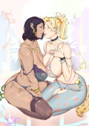 Rule 34 | 2girls, animal ears, artist name, ass, bad id, bad pixiv id, bangle, bare shoulders, between legs, black hair, black neckwear, blonde hair, blue bra, blue nails, blue pantyhose, bra, bracelet, braid, breast press, breasts, brown legwear, choker, cleavage, closed eyes, closed mouth, collarbone, couple, dark-skinned female, dark skin, ding (andding34429), ear piercing, earrings, eye of horus, face-to-face, facial mark, facial tattoo, fake animal ears, fingernails, from side, garter belt, garter straps, groin, hair tubes, hand between legs, hand on another&#039;s head, hand on own chest, heart, heart print, imminent kiss, jewelry, large breasts, lingerie, long fingernails, makeup, mascara, mercy (overwatch), multiple girls, nail polish, necklace, no panties, nose, overwatch, overwatch 1, pantyhose, parted lips, pharah (overwatch), piercing, pink lips, seiza, short hair, side braids, sitting, smile, spiked choker, spikes, strap slip, swept bangs, symmetrical docking, tail, tattoo, thighhighs, torn clothes, torn legwear, underwear, underwear only, wrist straps, yuri