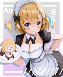 Rule 34 | 1girl, alternate costume, apron, blonde hair, blue eyes, blush, bow, bowtie, breasts, chibi, chocolate, cleavage, enmaided, graydo9, grin, hair ornament, highres, hololive, hololive english, large breasts, looking at viewer, maid, maid apron, maid headdress, plate, short hair, smile, smol ame, solo, sparkle, virtual youtuber, watson amelia, wrist cuffs