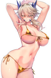 Rule 34 | 1girl, absurdres, areola slip, arms up, artoria pendragon (fate), artoria pendragon (lancer alter) (fate), bikini, blonde hair, blush, breasts, clenched teeth, covered erect nipples, fate/grand order, fate (series), female focus, front-tie bikini top, front-tie top, gold bikini, highres, large breasts, looking at viewer, micro bikini, navel, side-tie bikini bottom, sidelocks, simple background, skindentation, solo, stomach, strap gap, swimsuit, teeth, underboob, v-shaped eyebrows, white background, wisespeak, yellow eyes