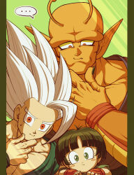 Rule 34 | ..., 1girl, 2boys, antennae, black hair, black nails, black wristband, blunt bangs, blunt ends, blush stickers, closed mouth, collarbone, colored skin, commentary request, dougi, dragon ball, dragon ball super, dragon ball super super hero, expressionless, eyelashes, fang, fang out, father and daughter, fingernails, gohan beast, green background, green eyes, hand up, highres, koukyouji, looking at viewer, multiple boys, muscular, muscular male, namekian, orange piccolo, orange skin, pan (dragon ball), pectorals, piccolo, pillarboxed, pointy ears, red eyes, short hair, simple background, son gohan, speech bubble, spiked hair, spoken ellipsis, sweatdrop, upper body, white hair, wristband