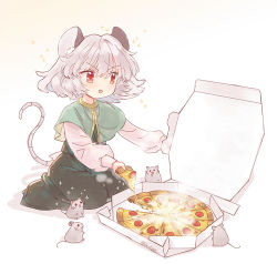 Rule 34 | 1girl, animal ears, biyon, blouse, blush, food, grey hair, mouse (animal), mouse ears, mouse tail, nazrin, open mouth, pizza, pizza slice, red eyes, shirt, short hair, simple background, sitting, solo, tail, touhou, white background, white shirt