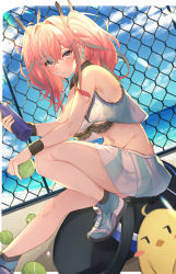 Rule 34 | 1girl, absurdres, armpits, azur lane, bag, ball, bare arms, bare legs, bare shoulders, bird, black bra, black socks, blue sky, blurry, blurry background, blurry foreground, bottle, bra, bremerton (azur lane), bremerton (scorching-hot training) (azur lane), chain-link fence, chick, cloud, crop top, crop top overhang, day, depth of field, fence, groin, hair between eyes, hair ornament, hairclip, highres, holding, holding ball, holding bottle, long hair, looking at viewer, manjuu (azur lane), midriff, miniskirt, mole, mole under eye, multicolored hair, navel, outdoors, pink eyes, pink hair, pleated skirt, shirt, shoes, sitting, skirt, sky, sleeveless, sleeveless shirt, sneakers, socks, solo, sportswear, streaked hair, sweatband, tennis ball, tennis uniform, thighs, twintails, two-tone hair, underwear, white skirt, x hair ornament, yanggang