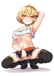 Rule 34 | 1girl, absurdres, ahoge, armpits, bare shoulders, bat hair ornament, black choker, black footwear, black skirt, black thighhighs, blonde hair, blush, bracelet, breasts, choker, cleavage, closed mouth, clothes lift, collarbone, commentary request, crop top, crop top overhang, detached sleeves, frills, hair between eyes, hair ornament, highres, hololive, jewelry, large breasts, lifting own clothes, looking at viewer, navel, panties, shadow, short hair, short sleeves, simple background, skirt, skirt lift, smile, squatting, star (symbol), thighhighs, tmo-cat, underboob, underwear, virtual youtuber, white background, white panties, yozora mel, yozora mel (1st costume)
