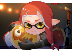 Rule 34 | 1girl, 60mai, blush, braid, commentary request, gloves, golden egg (splatoon), holding, inkling, inkling player character, lifebuoy, long hair, looking at viewer, nintendo, orange hair, pointy ears, rubber gloves, salmon run (splatoon), side braid, single braid, smile, splatoon (series), splatoon 3, swim ring, tentacle hair, yellow eyes