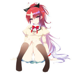 Rule 34 | 1girl, absurdres, bad id, bad pixiv id, black bow, boots, bow, breasts, brown legwear, commentary request, ears visible through hair, full body, gradient hair, hair between eyes, hair bow, highres, knee boots, knees together feet apart, long hair, looking at viewer, mahou shoujo madoka magica, mahou shoujo madoka magica (anime), misteor, multicolored eyes, multicolored hair, panties, pantyshot, red bow, sakura kyoko, sitting, solo, thigh gap, underwear, white background