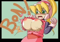 Rule 34 | !, 1girl, alternate breast size, black border, blonde hair, blush, border, breast expansion, breasts, bursting breasts, capcom, ciel (mega man), covered erect nipples, embarrassed, gloves, green eyes, hair between eyes, headgear, high ponytail, inti creates, large breasts, long hair, mega man (series), mega man zero (series), nipples, open mouth, outside border, ponytail, ripping, semikichi, solo, sound effects, sweat, teeth, tongue, torn clothes, white gloves, worried