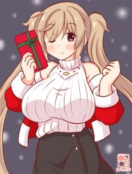 Rule 34 | 1girl, alternate costume, artist logo, black skirt, breasts, brown eyes, cowboy shot, dated, gift, hair flaps, holding, holding gift, jacket, jewelry, kanon (kurogane knights), kantai collection, large breasts, light brown hair, long hair, murasame (kancolle), necklace, night, one-hour drawing challenge, one eye closed, red jacket, ribbed shirt, shirt, skirt, sleeveless, sleeveless turtleneck, snowing, solo, turtleneck, twintails