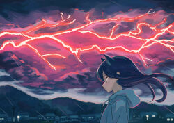 Rule 34 | 1girl, animal ears, black cloud, black hair, cat ears, city lights, cloud, cloudy sky, commentary request, expressionless, floating hair, highres, hood, hoodie, lightning, long hair, looking to the side, mountain, mountainous horizon, nerio (neri akira), original, outdoors, profile, purple sky, rain, red lightning, scenery, sky, solo, standing, twilight, utility pole, wind