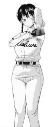 Rule 34 | 1girl, armpit hair, armpits, baseball uniform, braid, highres, long image, miharu (ttt), momoe maria, monochrome, ookiku furikabutte, smell, solo, sportswear, sweat, tall image