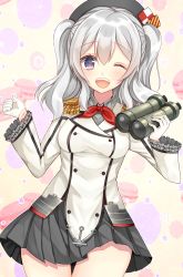 Rule 34 | 10s, 1girl, absurdres, binoculars, blue eyes, breasts, epaulettes, gloves, hat, highres, kantai collection, kashima (kancolle), looking at viewer, military, military uniform, miniskirt, nan (jyomyon), one eye closed, silver hair, skirt, smile, solo, twintails, uniform, wavy hair