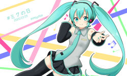 Rule 34 | 1girl, bare shoulders, beamed sixteenth notes, black skirt, black sleeves, black thighhighs, blush, closed mouth, collared shirt, commentary request, dated, detached sleeves, eighth note, foreshortening, green eyes, green hair, green nails, grey shirt, hair between eyes, hair ornament, hand on headphones, hand up, hatsune miku, headphones, headset, long hair, long sleeves, mitya, musical note, nail polish, outstretched arm, pleated skirt, quarter note, shirt, skirt, sleeveless, sleeveless shirt, smile, solo, thighhighs, twintails, twitter username, very long hair, vocaloid, white background