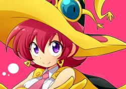 Rule 34 | 1girl, 2013, dated, earrings, feylin, hat, jewelry, looking at viewer, necktie, pink background, purple eyes, red hair, short hair, smile, solo, sunglasses, take no ko, tanken driland, witch hat
