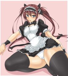 Rule 34 | 1girl, airi (queen&#039;s blade), airi (queen's blade), airi (the infernal temptress), bad id, bad pixiv id, black thighhighs, blue eyes, bow, breasts, cleavage, curvy, headband, impossible clothes, impossible shirt, large breasts, long hair, maid, momio, panties, queen&#039;s blade, red hair, shirt, solo, thick thighs, thighhighs, thighs, twintails, underwear, white panties, wide hips, wristband