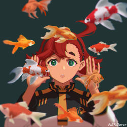 Rule 34 | 1girl, :o, artist name, black hairband, fish, goldfish, green background, green eyes, gundam, gundam suisei no majo, hair behind ear, hairband, hands up, highres, jacket, looking at viewer, nekoerer, open hands, open mouth, portrait, red hair, solo, straight-on, suletta mercury, white jacket
