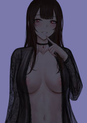 Rule 34 | 1girl, areola slip, black choker, breasts, choker, cleavage, collarbone, commentary request, dsr-50 (girls&#039; frontline), girls&#039; frontline, hand up, highres, jewelry, large breasts, long hair, long sleeves, navel, open clothes, parted lips, purple background, red eyes, ring, selcky, simple background, smile