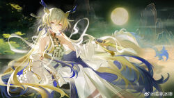 1girl absurdly_long_hair absurdres arknights bare_shoulders blonde_hair blue_hair blue_horns chinese_commentary closed_mouth colored_skin commentary_request dragon_girl dragon_horns dragon_tail feet_out_of_frame floating_hair full_moon grey_eyes hair_ornament hair_spread_out hair_stick highres holding horns jacket juweibingbang long_hair long_sleeves looking_at_viewer moon mountain multicolored_hair off_shoulder pants shirt shu_(arknights) sitting solo strapless strapless_shirt tail tube_top very_long_hair watermark weibo_logo weibo_watermark white_jacket white_pants white_tube_top yellow_horns yellow_skin