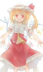 Rule 34 | 1girl, absurdres, ascot, blonde hair, bow, crystal, dress, fang, flandre scarlet, frilled skirt, frills, hat, hat bow, hat ribbon, heart, heart-shaped pupils, highres, kaniba, mob cap, puffy short sleeves, puffy sleeves, red dress, red eyes, ribbon, short sleeves, side ponytail, simple background, skirt, skirt set, solo, symbol-shaped pupils, touhou, white background, white hat, wings, yellow ascot