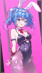 Rule 34 | 1girl, ace (playing card), ace of hearts, animal ears, arms behind back, bare shoulders, black leotard, blue eyes, blue hair, blush, bow, bowtie, breasts, card, clothing cutout, cuffs, cutout above navel, detached collar, fake animal ears, hair ornament, halkawa501, handcuffs, hatsune miku, heart, heart-shaped pupils, heart cutout, highres, leotard, looking at viewer, medium breasts, object in bra, open mouth, pantyhose, pink background, pink pupils, playboy bunny, playing card, pole, rabbit ears, rabbit hole (vocaloid), simple background, smile, solo, stomach cutout, stripper pole, symbol-shaped pupils, teardrop facial mark, twintails, vocaloid, x hair ornament