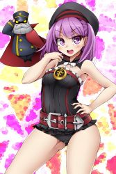 Rule 34 | 1girl, :d, bare shoulders, beard, belt, beret, black dress, black hat, breasts, cape, commentary request, detached collar, dress, facial hair, fate/grand order, fate (series), frilled dress, frills, hand on own hip, hat, head tilt, helena blavatsky (fate), highres, kiramashi (satsujinki), looking at viewer, mustache, open mouth, purple eyes, purple hair, salute, small breasts, smile, strapless, strapless dress, v-shaped eyebrows, yellow eyes