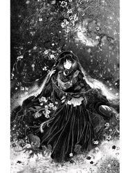 1boy adjusting_clothes adjusting_headwear alternate_costume androgynous branch capelet choppy_bangs closed_eyes cropped_legs dress drosaxx falling_flower floating_clothes flower genshin_impact greyscale happy highres light_smile long_sleeves male_focus monochrome parted_lips pillarboxed sash scaramouche_(genshin_impact) short_hair standing u_u veil wide_shot wide_sleeves wind wolf_cut