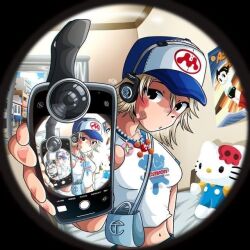 Rule 34 | artist request, bedroom, black eyes, cellphone, headphones over headwear, indoors, iphone, koss, non-web source, phone, recursion, round image, smartphone