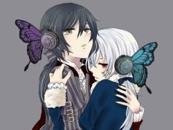 Rule 34 | black hair, bug, butterfly, couple, crossover, formal, hiver laurant, hug, bug, jacket, long hair, marchen von friedhof, nail polish, ponytail, red eyes, ribbon, sound horizon, suit, vocaloid, white hair, yellow eyes