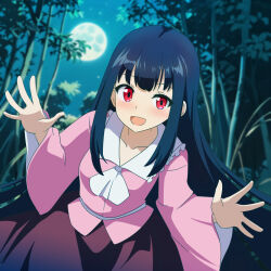 Rule 34 | 1girl, :d, bamboo, black hair, cato (monocatienus), collared shirt, frilled shirt collar, frills, full moon, highres, houraisan kaguya, long hair, long sleeves, looking at viewer, moon, night, open mouth, pink shirt, red eyes, shirt, smile, solo, touhou, very long hair, wide sleeves