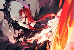 Rule 34 | 1girl, arknights, back, black dress, black jacket, chain, closed mouth, commentary, demon horns, dress, erhuo, expressionless, fire, flaming sword, flaming weapon, floating hair, from behind, full body, hair between eyes, horns, jacket, kneeling, long hair, looking at viewer, looking back, off-shoulder dress, off shoulder, red eyes, red hair, rock, solo, spikes, surtr (arknights), thighhighs