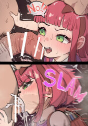 1boy 1girl 2koma animal_ears annie_(league_of_legends) backpack bag bar_censor blush brown_hairband cat_ears censored comic cum cum_in_mouth deepthroat dot_nose embarrassed english_text eyebrows eyelashes facejob fake_animal_ears fat fat_man fellatio from_side green_eyes grey_shirt hairband half-closed_eyes hands_on_another&#039;s_head hetero imminent_fellatio irrumatio large_penis league_of_legends loli looking_at_another looking_to_the_side mimizuki90 missing_tooth open_mouth oral penis penis_on_face profile purple_sweater randoseru rape red_bag red_hair scared shirt short_hair sleeveless sleeveless_sweater speech_bubble sweater tears teeth testicles tongue x-ray