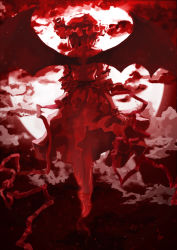 Rule 34 | 1girl, back, backless dress, backless outfit, bat wings, cloud, cloudy sky, dissolving, dress, female focus, floating, from behind, full body, full moon, hat, hat ribbon, heiyuen, highres, light particles, mob cap, monochrome, moon, moonlight, night, red theme, remilia scarlet, ribbon, short hair, sky, solo, touhou, wings, wrist cuffs