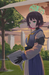 Rule 34 | 1girl, 26th, :d, absurdres, black gloves, black hair, blue archive, blue shirt, blue skirt, building, cloud, cloudy sky, gloves, green eyes, halo, helmet, highres, holding, holding helmet, long sleeves, looking at viewer, neckerchief, open mouth, outdoors, sailor, saki (blue archive), shirt, short hair, skirt, sky, smile, solo, sunset, tree, yellow neckerchief