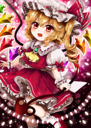 Rule 34 | 1girl, ascot, back bow, blonde hair, bobby socks, bow, brooch, commentary request, danmaku, fangs, flandre scarlet, foot out of frame, frilled skirt, frills, green brooch, hair between eyes, hat, hat ribbon, high heels, holding, holding polearm, holding weapon, jewelry, laevatein (touhou), looking at viewer, maa (forsythia1729), mary janes, medium hair, mob cap, multicolored wings, open mouth, polearm, puffy short sleeves, puffy sleeves, red eyes, red footwear, red ribbon, red skirt, red vest, ribbon, ribbon-trimmed headwear, ribbon trim, shirt, shoes, short sleeves, side ponytail, skirt, socks, solo, touhou, v-shaped eyebrows, vest, weapon, white bow, white hat, white shirt, white socks, wings, wrist cuffs, yellow ascot