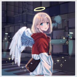 Rule 34 | 1girl, angel wings, bag, blush, feathered wings, grey hair, halo, hood, hooded jacket, idolmaster, idolmaster shiny colors, jacket, looking at viewer, looking to the side, multicolored clothes, multicolored jacket, night, otakunocamp, outdoors, serizawa asahi, short hair, shoulder bag, solo, sparkle, two-tone jacket, upper body, wings