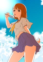 Rule 34 | 1girl, absurdres, brown eyes, character request, cloud, cloudy sky, commentary request, copyright request, eating, eyelashes, food, highres, ice cream, kaneko naoya, looking at viewer, medium hair, orange hair, popsicle, school uniform, shirt, skirt, sky, solo, standing, sunlight