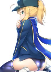 Rule 34 | 1girl, ahoge, artoria pendragon (all), artoria pendragon (fate), ass, bad id, bad pixiv id, baseball cap, between legs, bikini, bikini bottom only, black thighhighs, blonde hair, blue scarf, blue thighhighs, fate/grand order, fate (series), from behind, from side, green eyes, hair over shoulder, hand between legs, hat, jacket, looking at viewer, mysterious heroine x (fate), pinta (ayashii bochi), ponytail, profile, rojiura satsuki : chapter heroine sanctuary, saber (fate), scarf, shiny clothes, skindentation, solo, swimsuit, thighhighs, thighs, track jacket